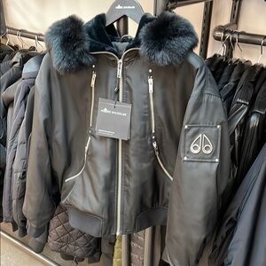 Moose Knuckles Black Bomber Jacket with Fur Trim